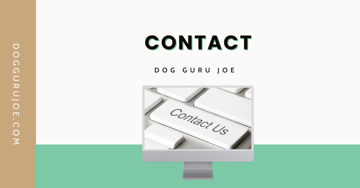 Contact Dog Guru Joe. Contact Us shown printed on a zoomed-in keyboard, shown on a standalone computer monitor.