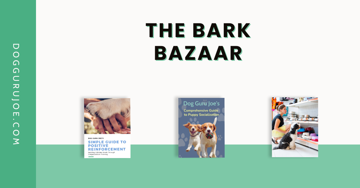The Bark Bazaar DogGuruJoe.com Features guides written by Dog Guru Joe Bodick and a photo of a woman, wearing yellow, shopping with her dog at a pet store.