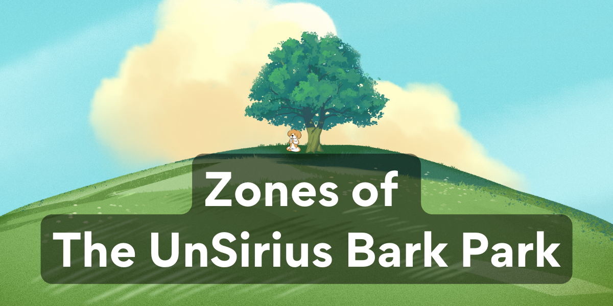Hill showing a lone tree. Bodhi is meditating beneath. Zones of The Unsirius Bark Park featured in white letters on faded black background.